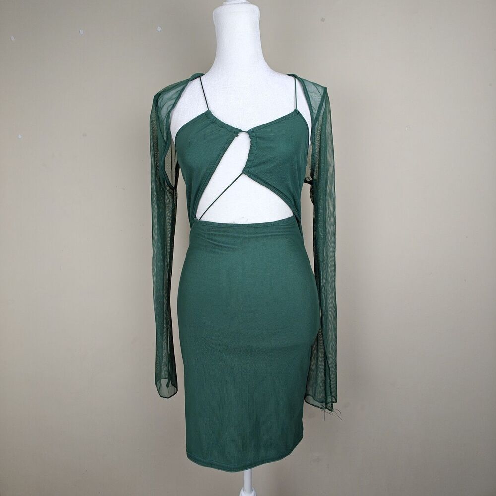 PrettyLittleThing Shape Mesh Lace Up Detail Overlay Bodycon Dress Women 8 Green